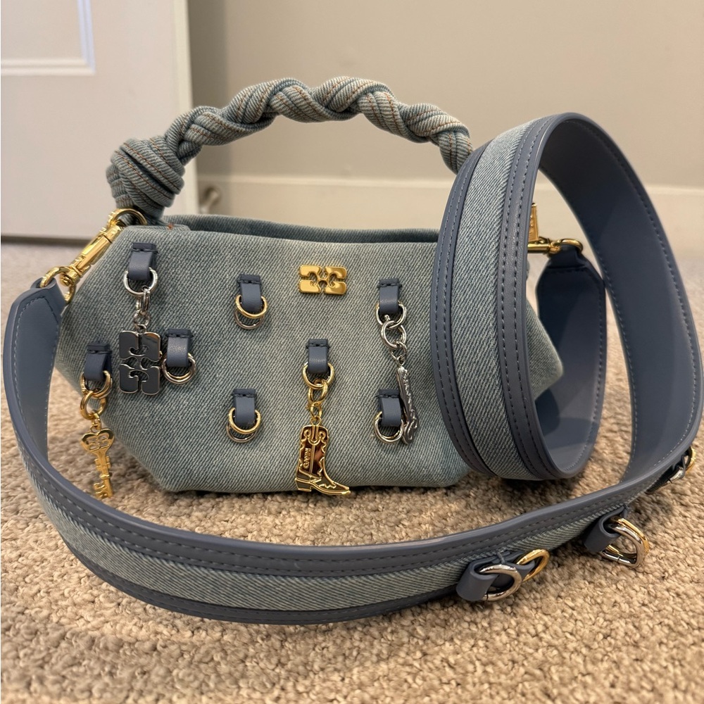 Ganni Mini Bou Denim Clutch & Crossbody Bag with Charms - Picture 10 of 12